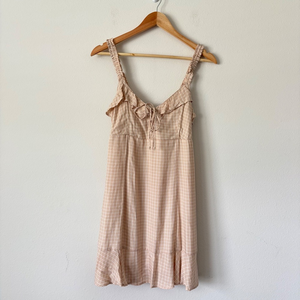 American Eagle Beige Gingham Ruffle Mini Dress XS Smocked Back Tie Front Woven